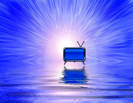 Old TV set on abstract burst blue background and water surface