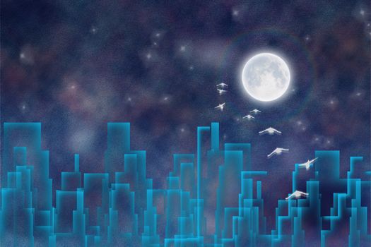 Night city silhouettes. Birgs flies to the bright full moon. 3D rendering