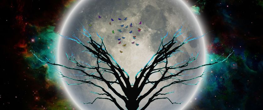 Mystic tree in moonlight. Butterflies symbolizes souls
