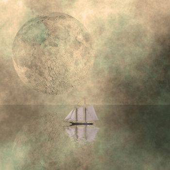 Sailboat floats in the surreal calm ocean. Giant moon at the horizon