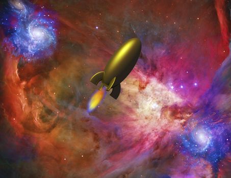 Retro look gold rocket with flames beneath in deep interstellar space. Space background is mostly red hues