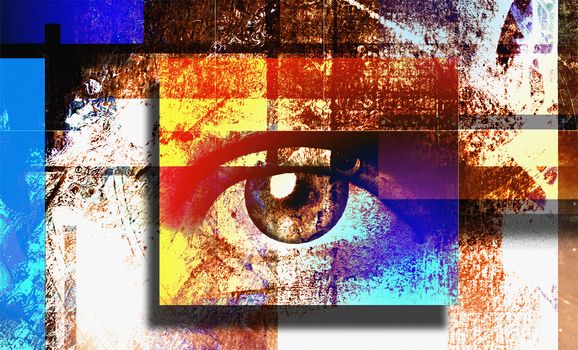 Surreal digital art. Human's eye. Mondrian style.