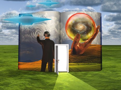 Surrealism. Book with opened door and hand holds crystal ball with galaxy inside. Man in suit and bowler. Flying saucers.
