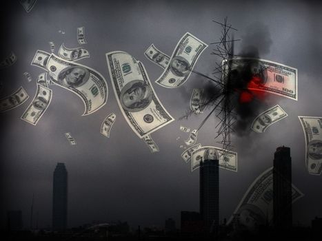 Mystical smog over the city. Dollars banknotes falls from the sky.