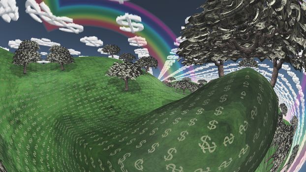 Surreal digital art. Landscape with currency elements. Trees with dollars banknotes instead of leaves. Clouds in shape of dollars sign. Rainbow in the sky.