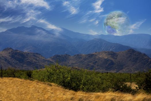 Mountain Vista. Terraformed moon seen from the Earth. 3D rendering
