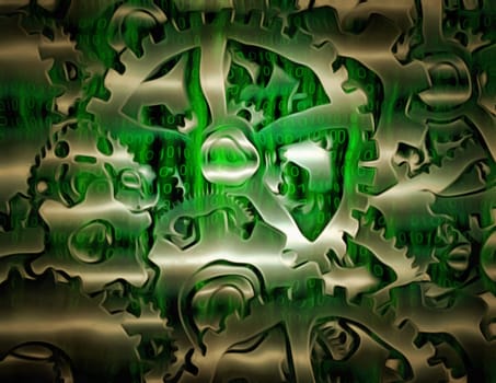 Surreal digital art. Green gears.