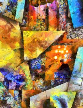 Complex surreal painting. Man in suit and bowler hat with light bulbs around his head. Overlapping colorful figures with abstract pattern.