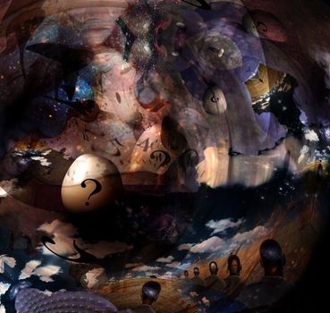 Surreal composition. Questions, thoughts and Time