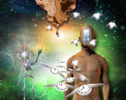 Naked man with open door. Winged clocks represent flow of time. Light bulbs - ideas. Shining metal robot.