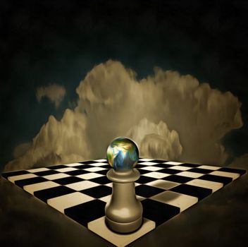Surreal composition. Chessboard and figure with planet Earth hovers in the sky.