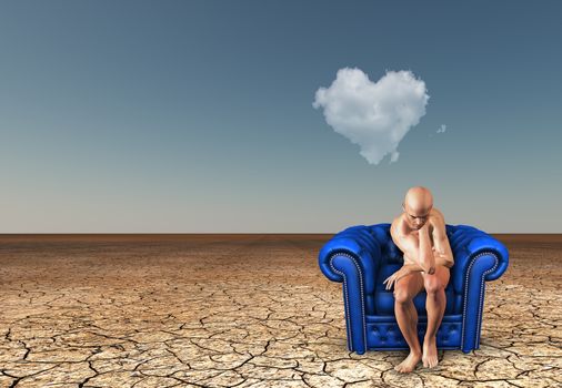 Man contemplates in desert with heart shaped cloud