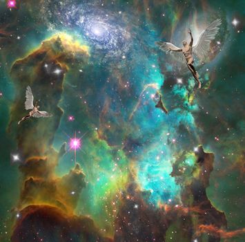 Surrealism. Naked men with wings symbolizes angels in space. 3D rendering. Some elements provided courtesy of NASA.