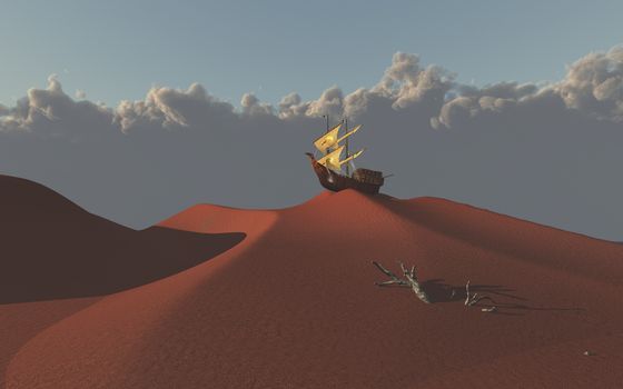 Old sailing ship atop red desert sand dune