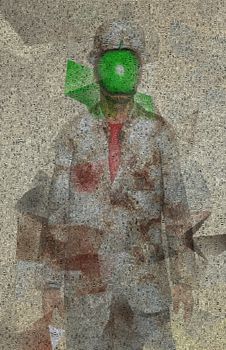 Surreal digital art. Man in white suit with green apple instead of face. Rene Magritte style. Picture is composed entirely of the words.