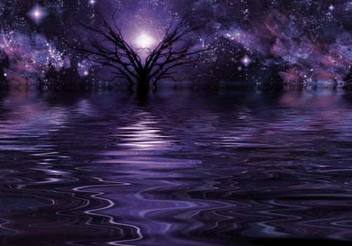 Mystic tree in purple water scene. Bright stars in the sky