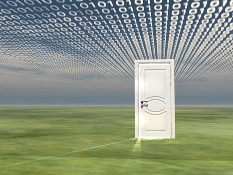 Doorway in landscape with binary streaming