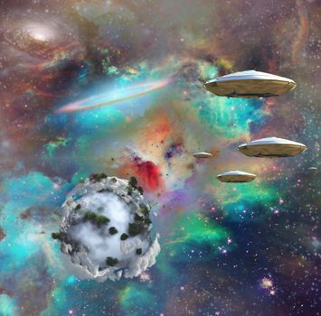 Flying saucers in colorful universe. Abstract exoplanet.