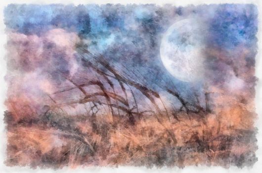 Surreal painting. Field of wheat, full moon in the sky.