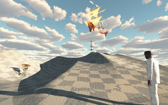 Man in white suit in surreal desert scene