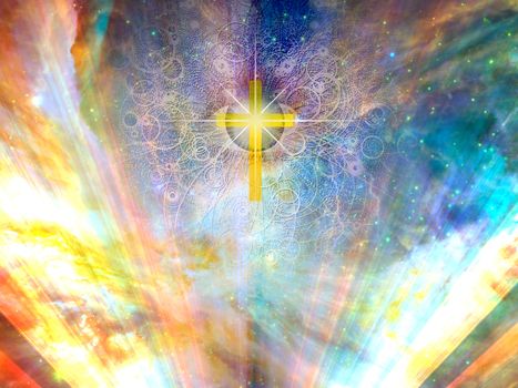 Golden cross in vivid sky and all seeing eye