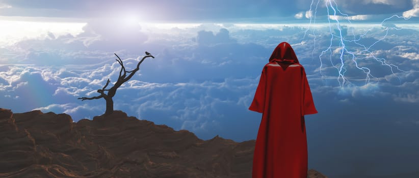 Figure in red cloak meets sunrise.