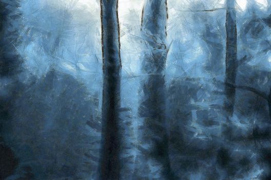 Surreal painting. Blue forest.