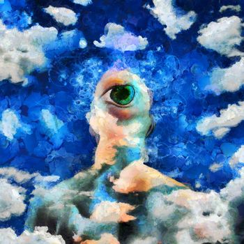 Surreal painting. Man with eye on a back of the head and storm cloud above. Background of clouds.