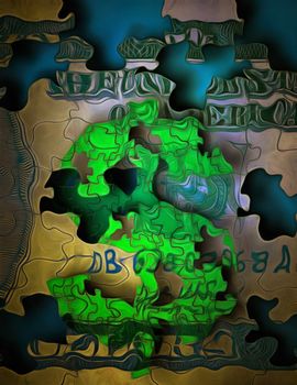 Painting. Dollar sign in shape of pieces of puzzle.