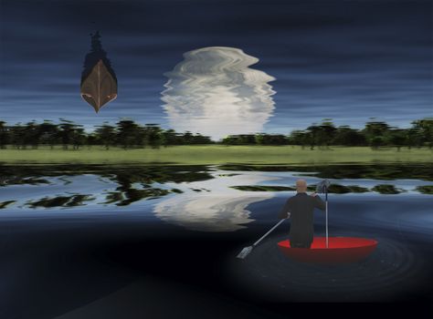 Moonrise over Lake. Man floating in red umbrella.