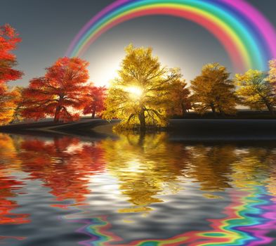 Surreal digital art. Autumn landscape. Trees on a shore. Sunset. Rainbow in the sky.
