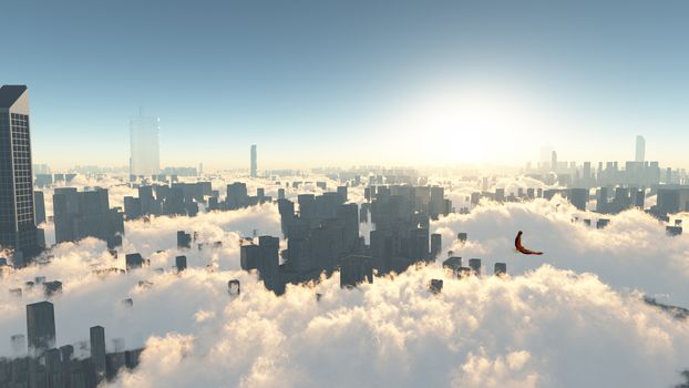 Eagle's flying above city.