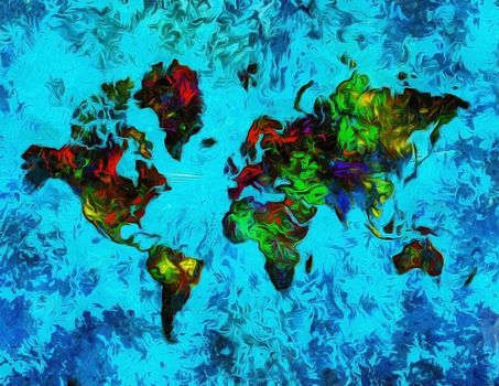Oil painting. World map.