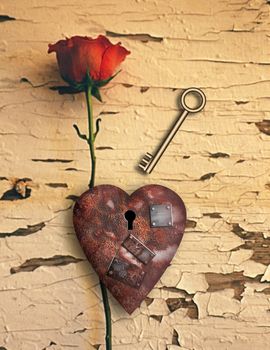 Surrealism. Red rose and rusted heart with metal patches and keyhole. Golden key.