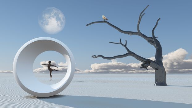Woman dances in desert. Full moon in blue sky. Bird on a tree branch
