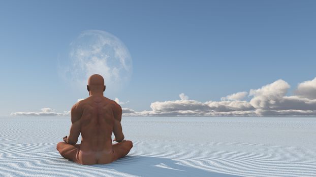 Man Meditates on white sands