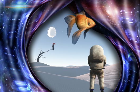Surrealism. White desert. Man with red umbrella stands on a dry tree. Astronaut. Warped space. Golden fish.
