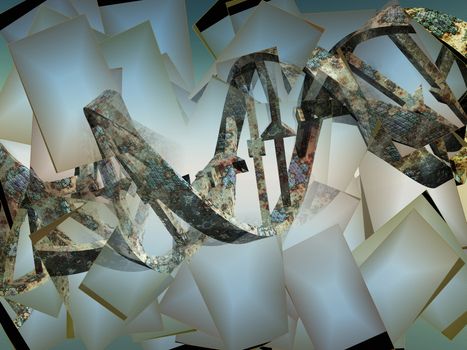 Surreal digital art. Damaged rusted DNA strands.