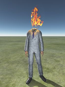 Man in a suit with burning flame instead of head.