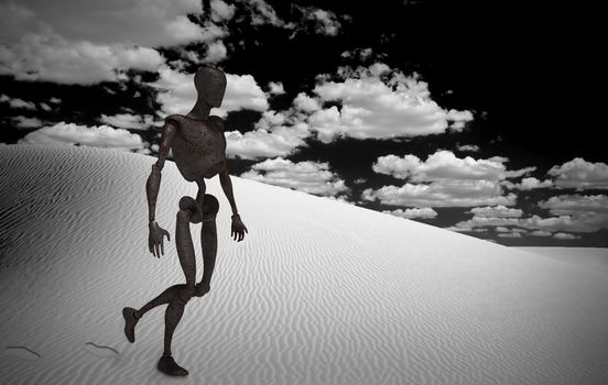 Robot in surreal white desert. 3D rendering