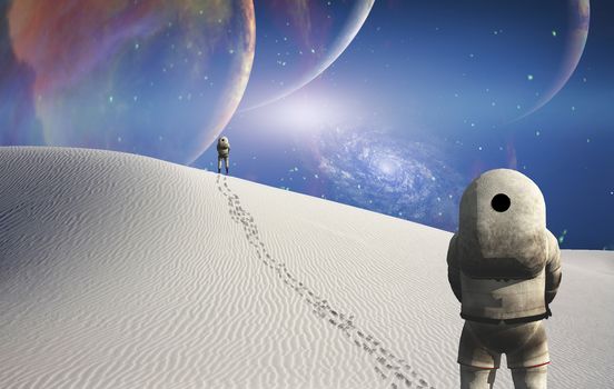 Astronauts stands in surreal white desert. Big planets in starry sky.