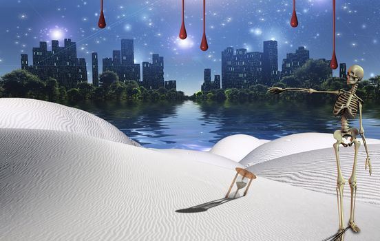Surreal desert with hourglass. Skeleton points to the city in another dimension.