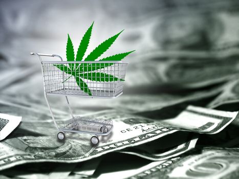 Marijuana leaf in a cart. US dollars.