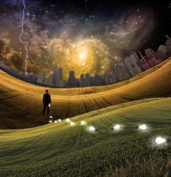 Man in surreal landscape. Light bulbs symbolizes ideas. Metropolis at the horizon. Vivid starry sky with galaxy