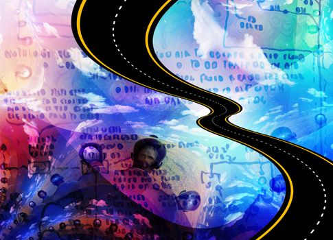 Surreal composition. Men with different thoughts. Blueprint. Curved Highway. 3D rendering
