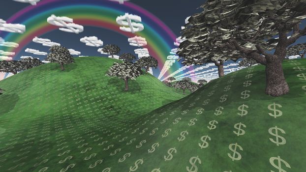 Landscape with Currency Trees, Dollar sign clouds and rainbow