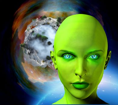 The face of female alien. Colorful universe and abstract exoplanet on a background.