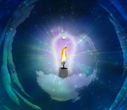 Light Bulb with Flame in Blue Sky
