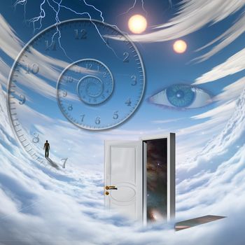 Surrealism. Spiral of time. Lonely man in a distance. Opened door to another dimension.
