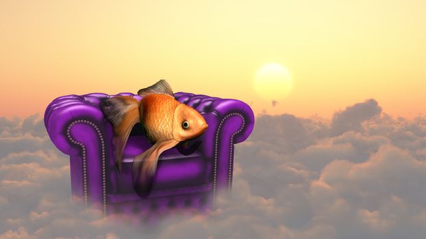 Armchair and golden fish on a clouds.